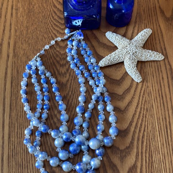 Mid-Century Vintage Four Strand Blue and White 17" Necklace Stamped Japan - Picture 2 of 7